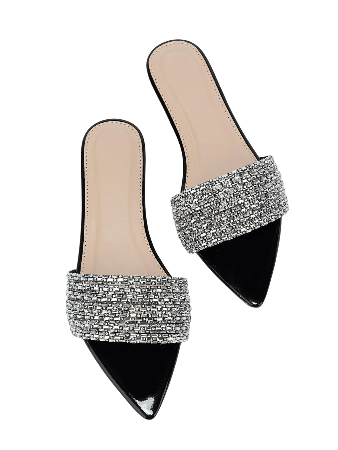 Women's Rhinestone Pointed Open Toe Sandals Leather Sparkly Single Band Elegant Slide Sandals
