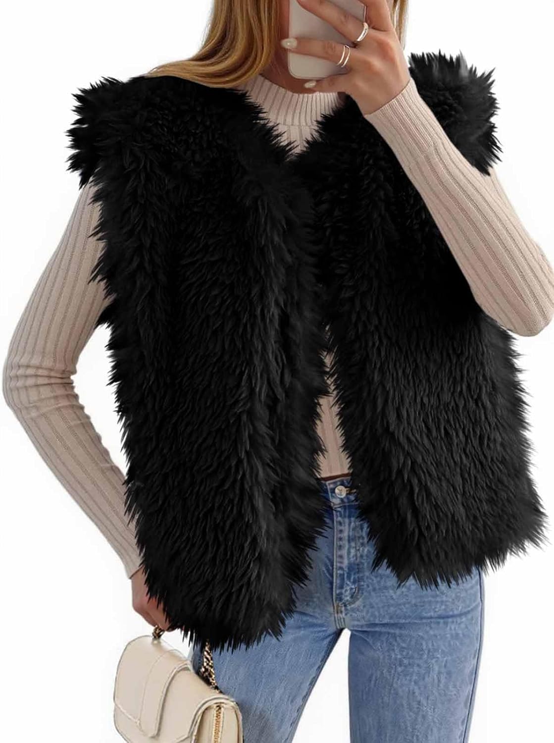 Tankaneo Womens Faux Fur Vest Cropped Sleeveless Warm Winter Shaggy Open Front Outerwear Vest
