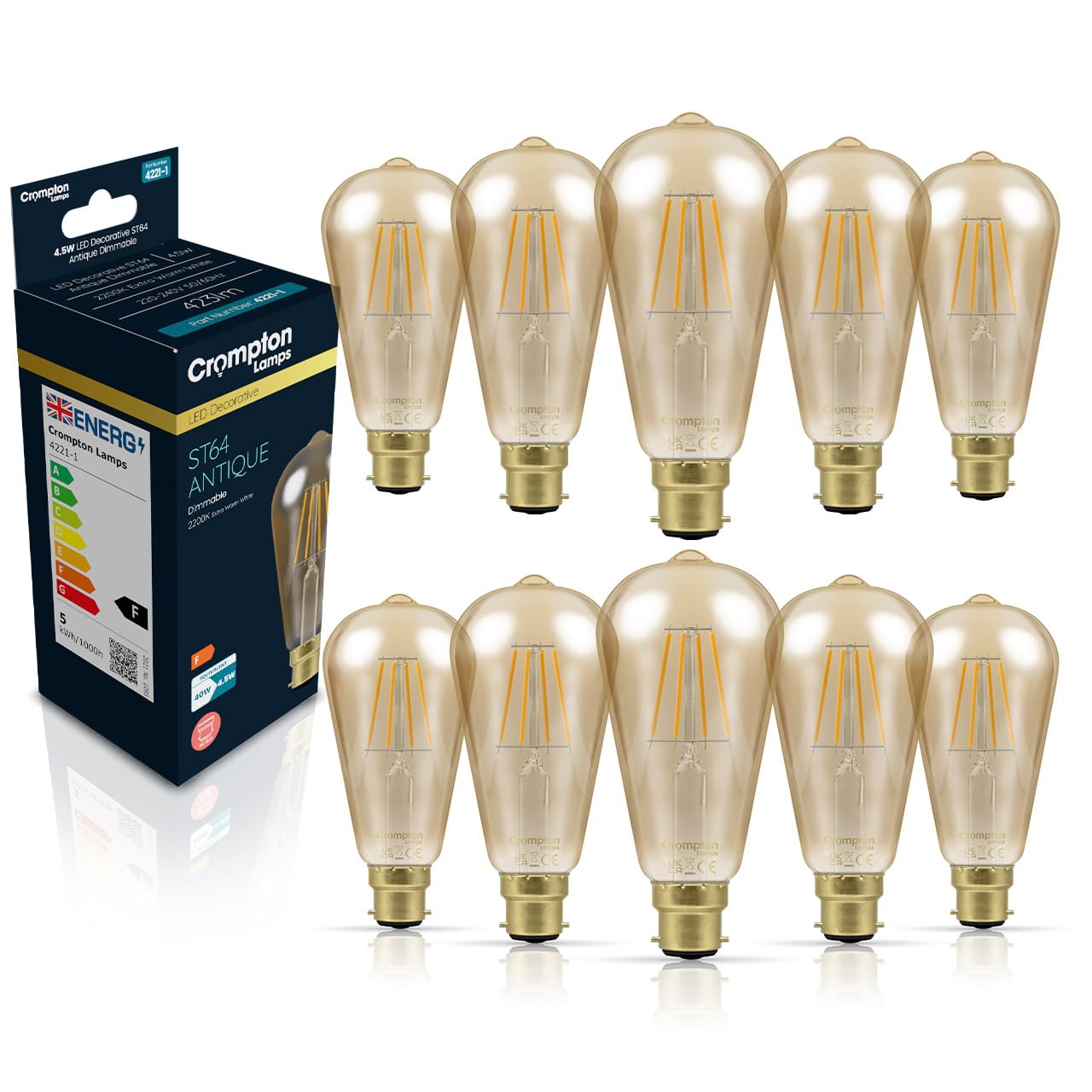 Crompton Lamps Filament ST64 LED Light Bulb BC-B22d | 4.5W = 35W Equivalent | Extra Warm White 2200K | Energy Efficient | Bayonet Lightbulb | Antique Bronze Glass | Dimmable | 10-Pack โ image 1
