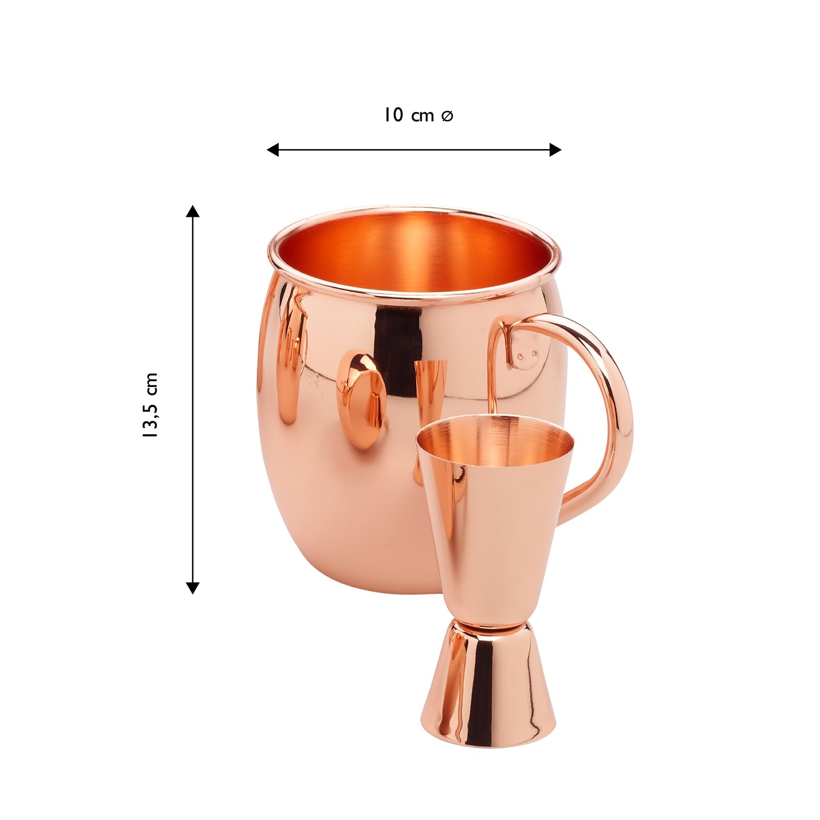 ECHTWERK Moscow Mule set di 5 tazze di rame in acciaio inossidabile, Bicchieri da cocktail, 4x tazze in rame 500 ml, 1x jigger 2 cl/4 cl, argento