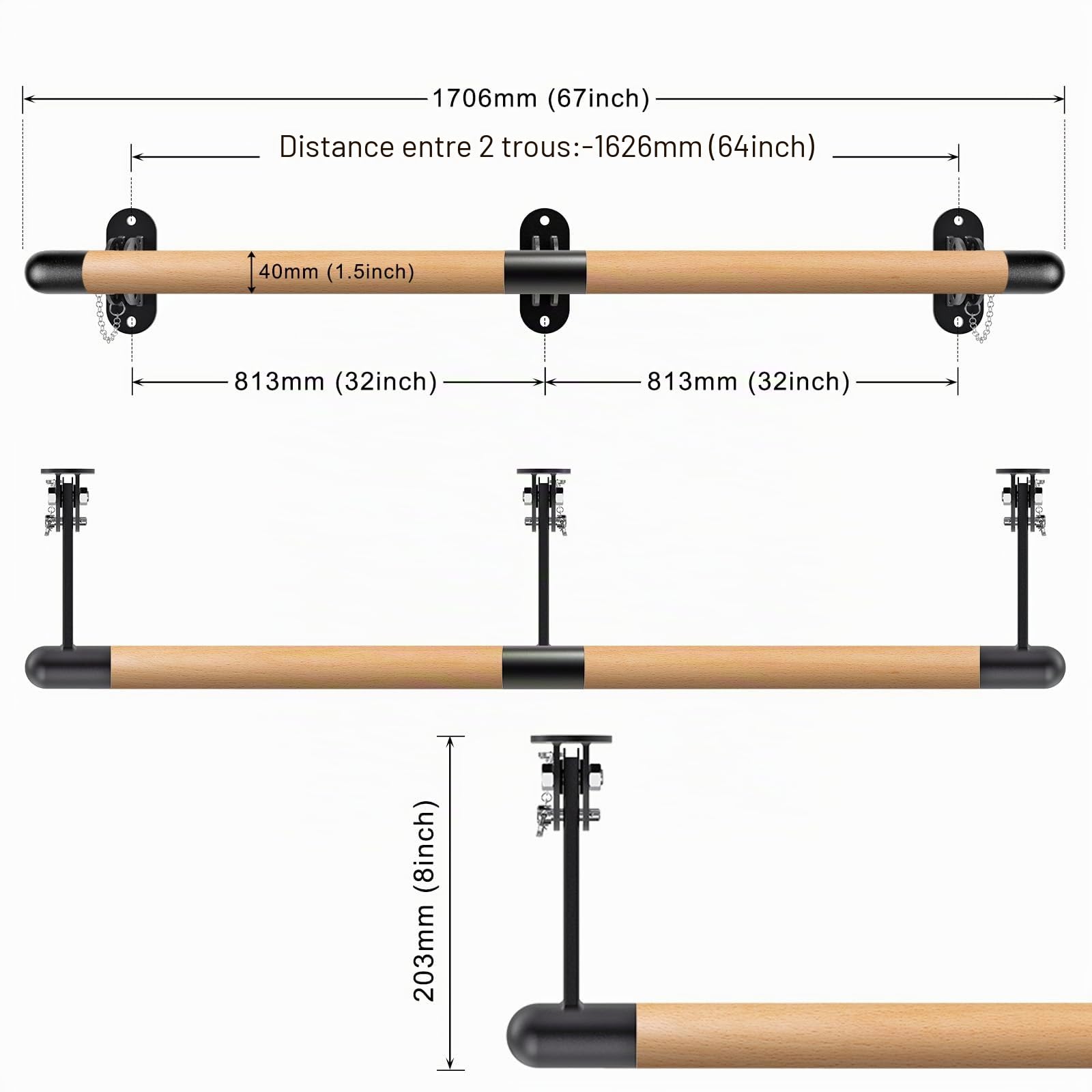 BeneLabel Barre de Ballet, 0.9-2.5M Barre de Danse Murale en Bois Ajustable pour l'équipement d'étirement de Barre d'entraînement à Domicile avec Support Métallique pour Enfants/Adultes, 4cm Diamètre