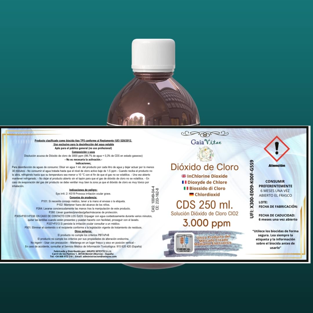 Gaia Vitae - CDS 3000 ppm – 500 ml Cristal Ámbar con Jeringa Estéril 10 ml – Solución Activada 0,3% en Agua Ultrapura