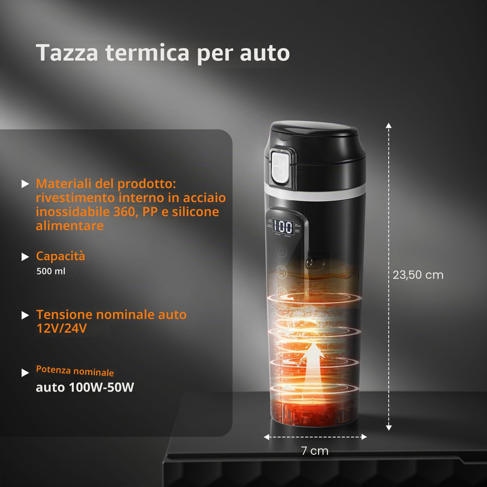 Bollitore elettrico per auto 24V/12V, tazza termica da viaggio da 500ml con display LCD della temperatura – Tazza elettrica per tè/caffè a prova di perdite per auto e camion, riscaldamento rapido fino