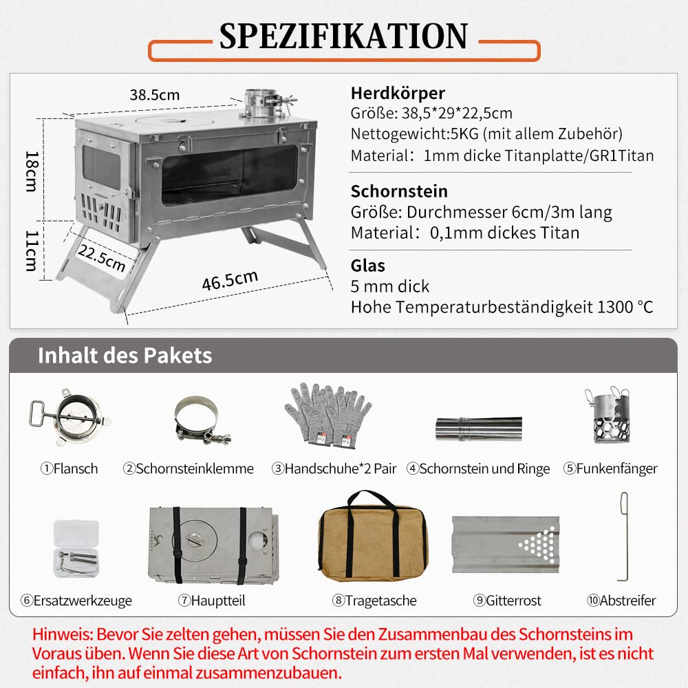 TOMOUNT Zeltofen Titanium Ofen Titan Kompakt 38,5cm Holzofen Tragbar Campingherde mit 3M Schornsteinrohr Holzkocher für Zelte, Unterkünfte und Camping
