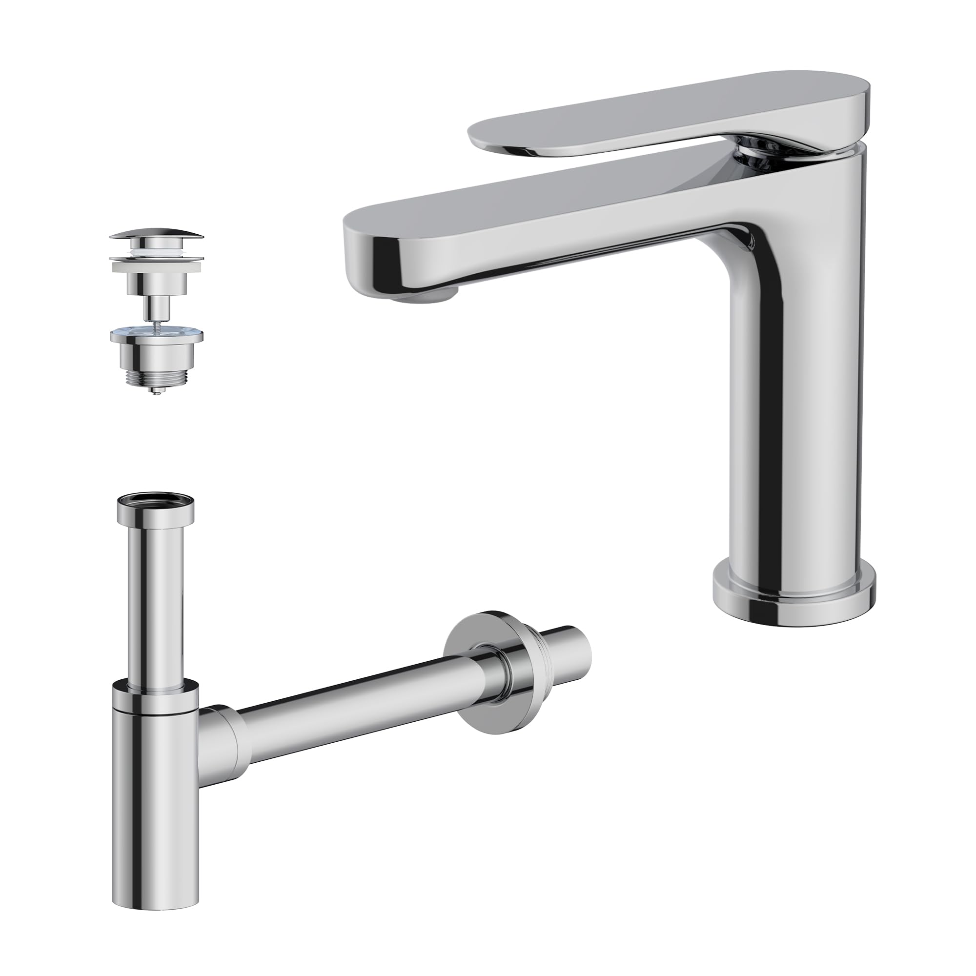 Bächlein Bundle - Badarmatur Elowa + Ablaufgarnitur platzsparend + Design Siphon - Chrom