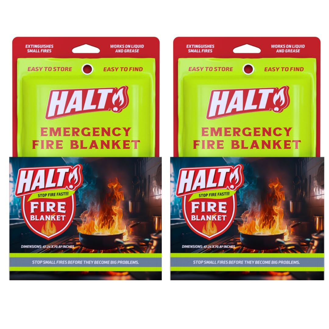HALT! Emergency Fire Blanket - Rapid Fire Suppression for Home, Kitchen, Car & Camping |Lightweight, No Mess, Safe for Grease & Electrical Fires | Reusable & Never Expires (2-Pack)