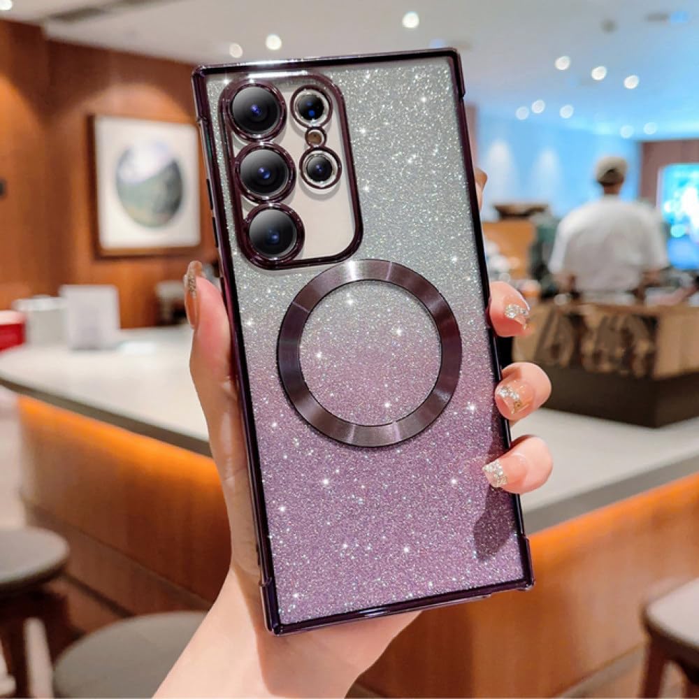 Coque Samsung S23 Plus violette pailletée avec charge magnétique