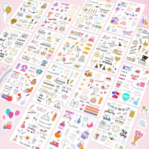 Gigmeta Sticker Geburtstag Set, 8 Stück Über 425 Motiv Selbstklebende Aufkleber Geburtstag, Birthday Stickers für DIY Geburtstagskarten Geschenke Gästebuch Fotoalbum Scrapbook, Party Deko