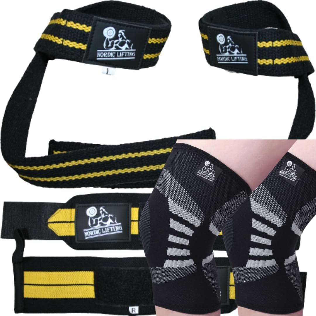 Wrist Wraps and Lifting Straps Bundle - Yellow Bundle with Knee Compression Sleeves Large