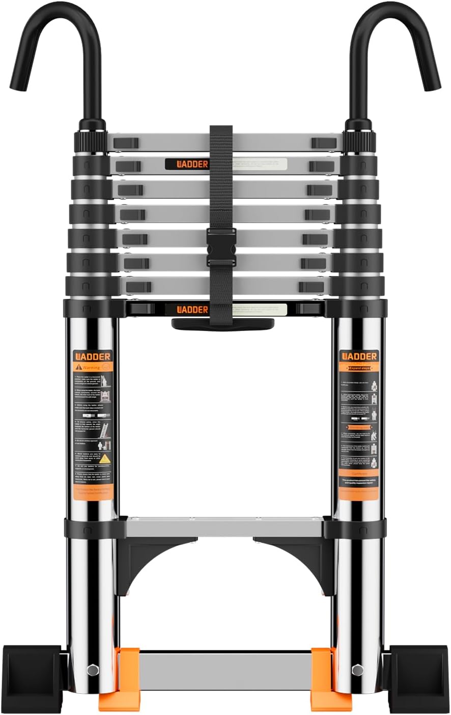Telescoping Ladder,with Stable Hook and stabilizer barand,12.5 FT Extension Ladder, Heavy Duty 330lbs Max Capacity, Multi-Purpose Collapsible Ladder for RV or Outdoor Work (3.8M/12.5FT)