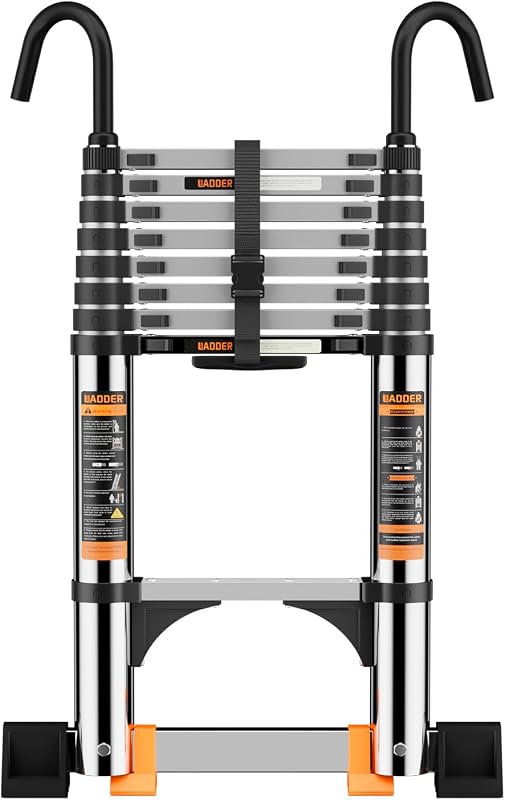 Telescoping Ladder,8.5 FT Extension Ladder, Heavy Duty 330lbs Max Capacity | Multi-Purpose Collapsible Ladder with Stable Hook and stabilizer bar,Portable Ladder for RV or Outdoor Work