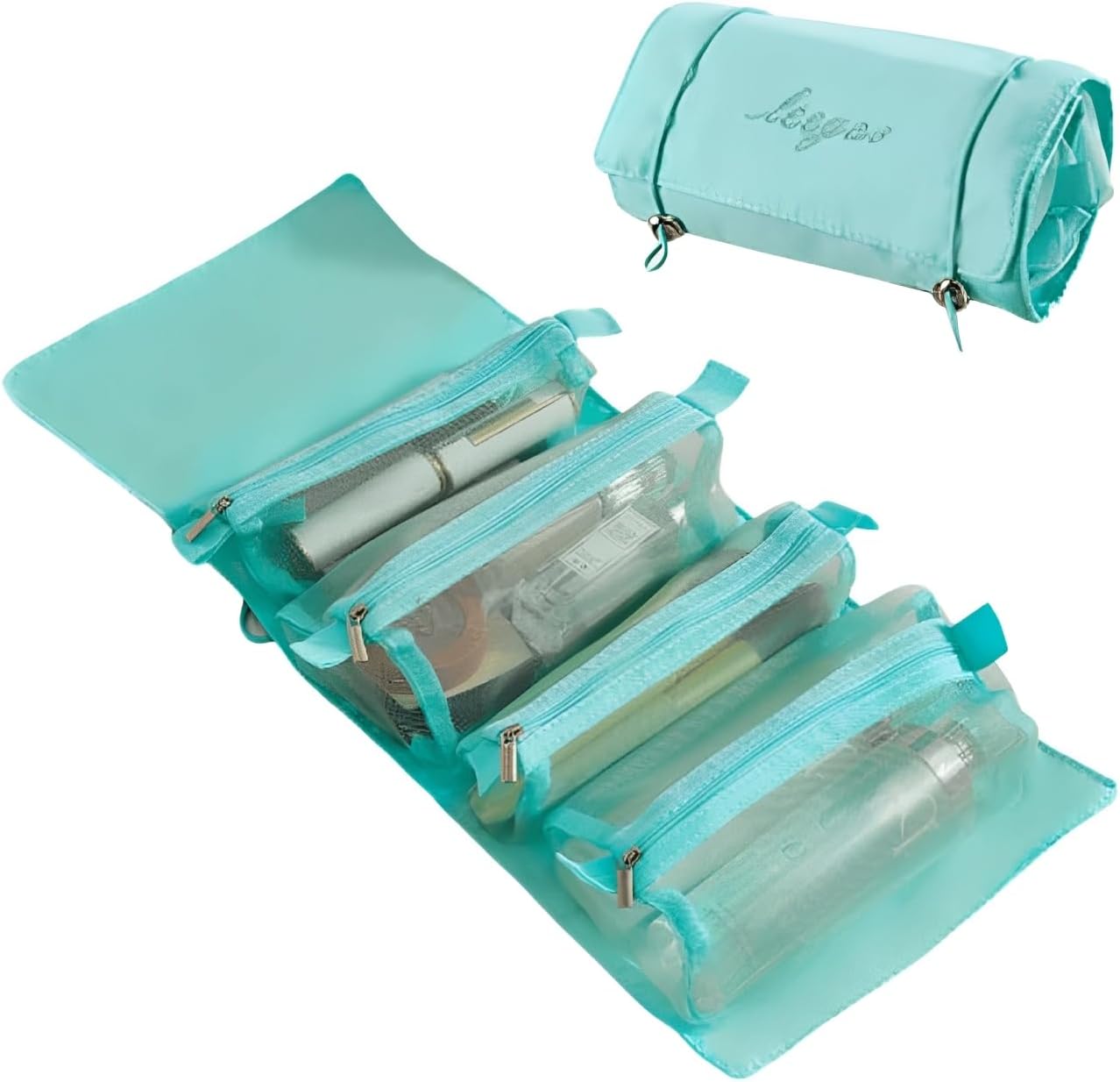 Nylon 4 In 1 Large Capacity Cosmetic Mesh Bag/Makeup Organizer/Toiletry Pouch For Men And Women/Portable Travel Bag/Makeup Essentials/Travel Accessories(Sky Blue)