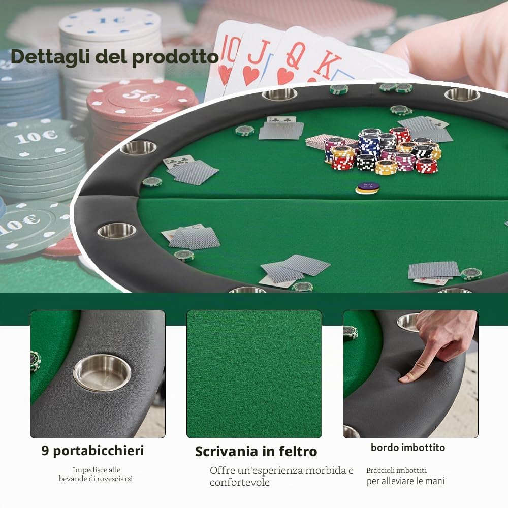 Mingone Tavolo da Poker Pieghevole, 8 Posti con Portabicchieri, Tappeto in Feltro, per Texas Hold'em, Blackjack e Giochi da Casinò a Casa (Green, Cerchio)