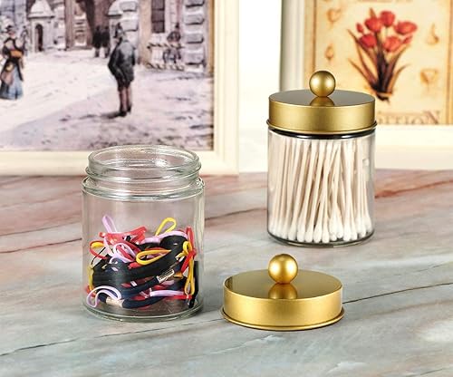 Miniatura 6 de Juego de 4 tarros de boticario para baño, organizador de tocador, recipiente de encimera con tapas de acero inoxidable y bonitas calcomanías,