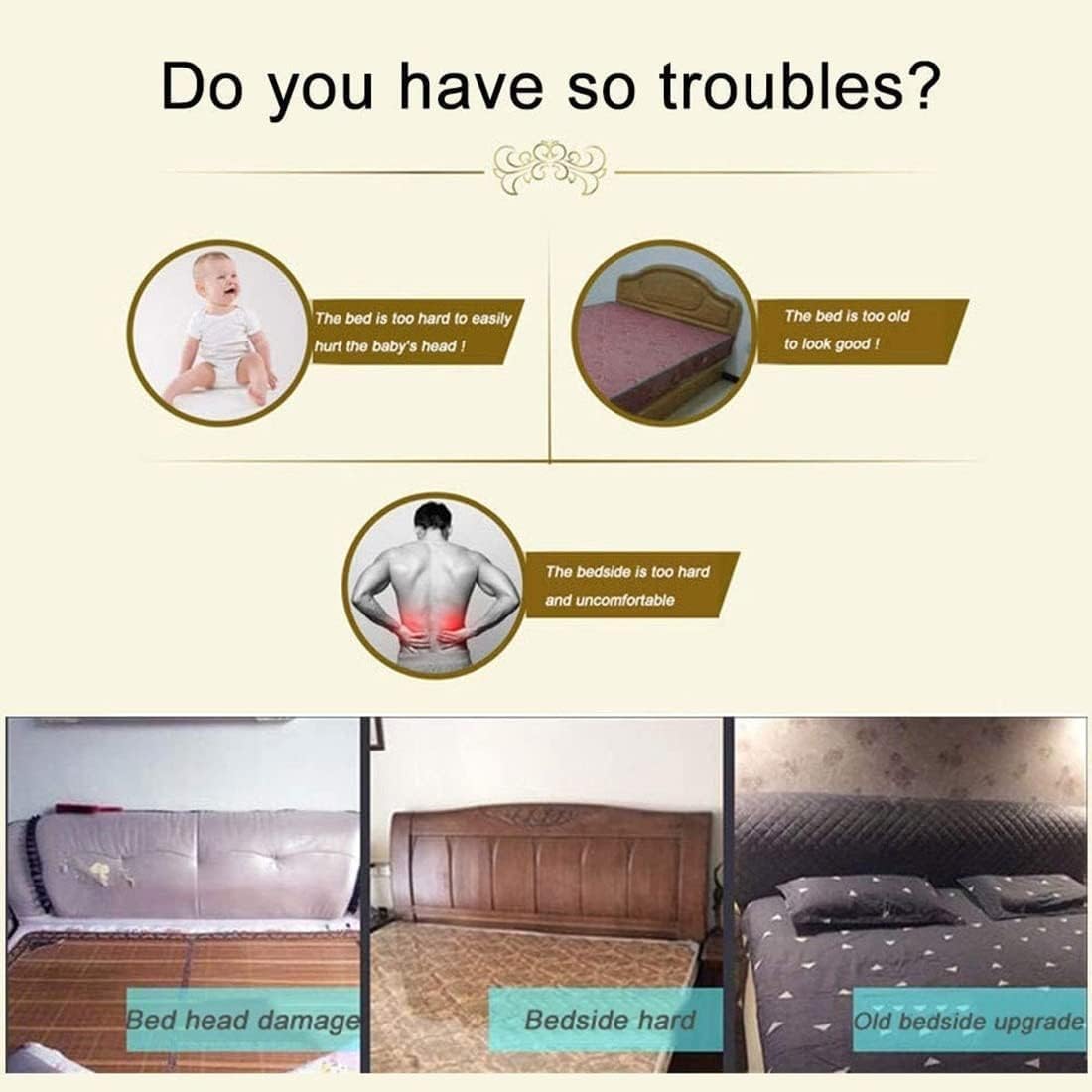 Housse de tête de lit rembourrée en peluche - Rembourrage en coton pour lit double, simple, queen et king size - Tissu extensible - Beige - 150 x 60 cm
