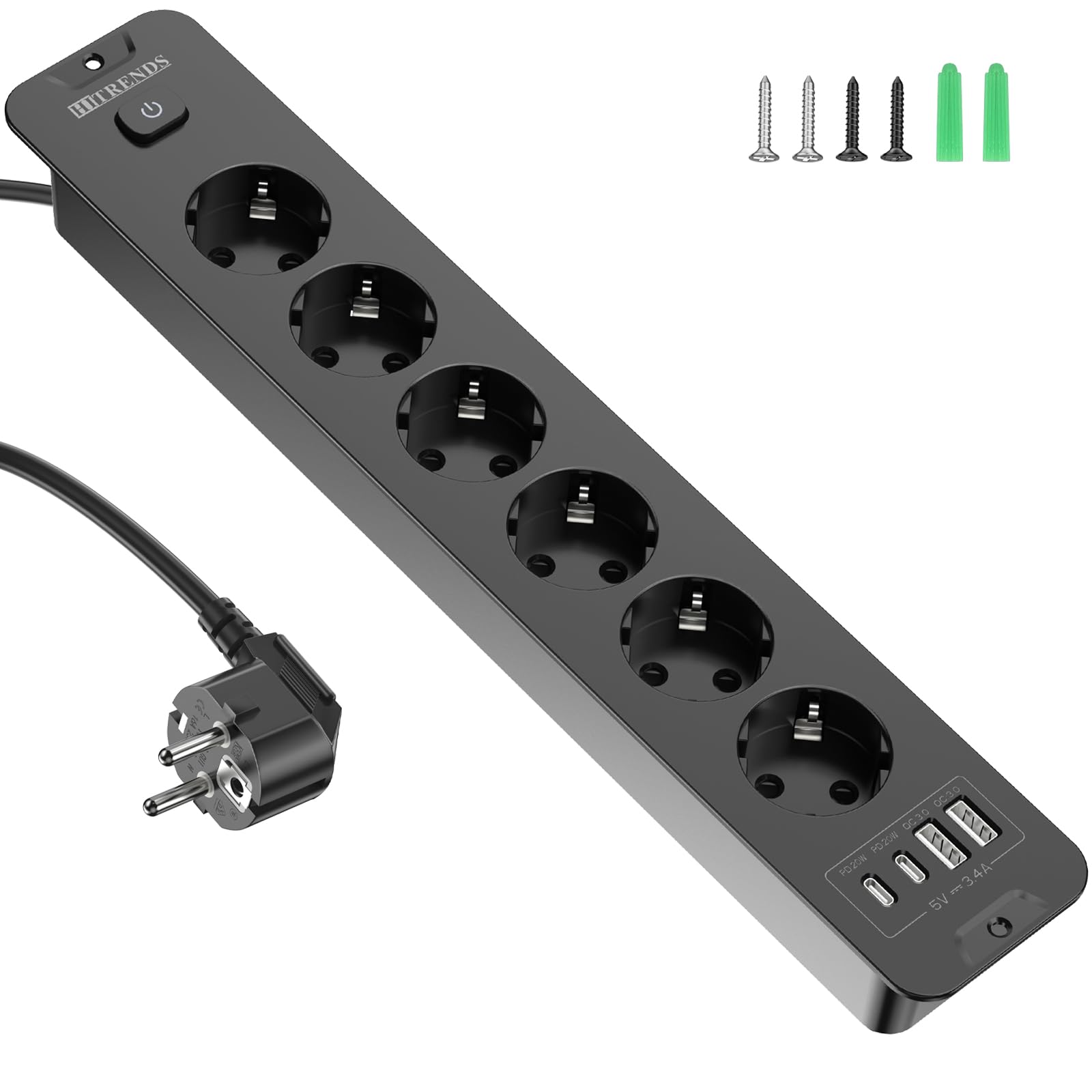 Presa da incasso con USB, 6 prese da tavolo con 4 USB, 10 N, 1 tavolo, con cavo di prolunga da 2 m, con interruttore, ciabatta da incasso per ufficio, casa (nero)