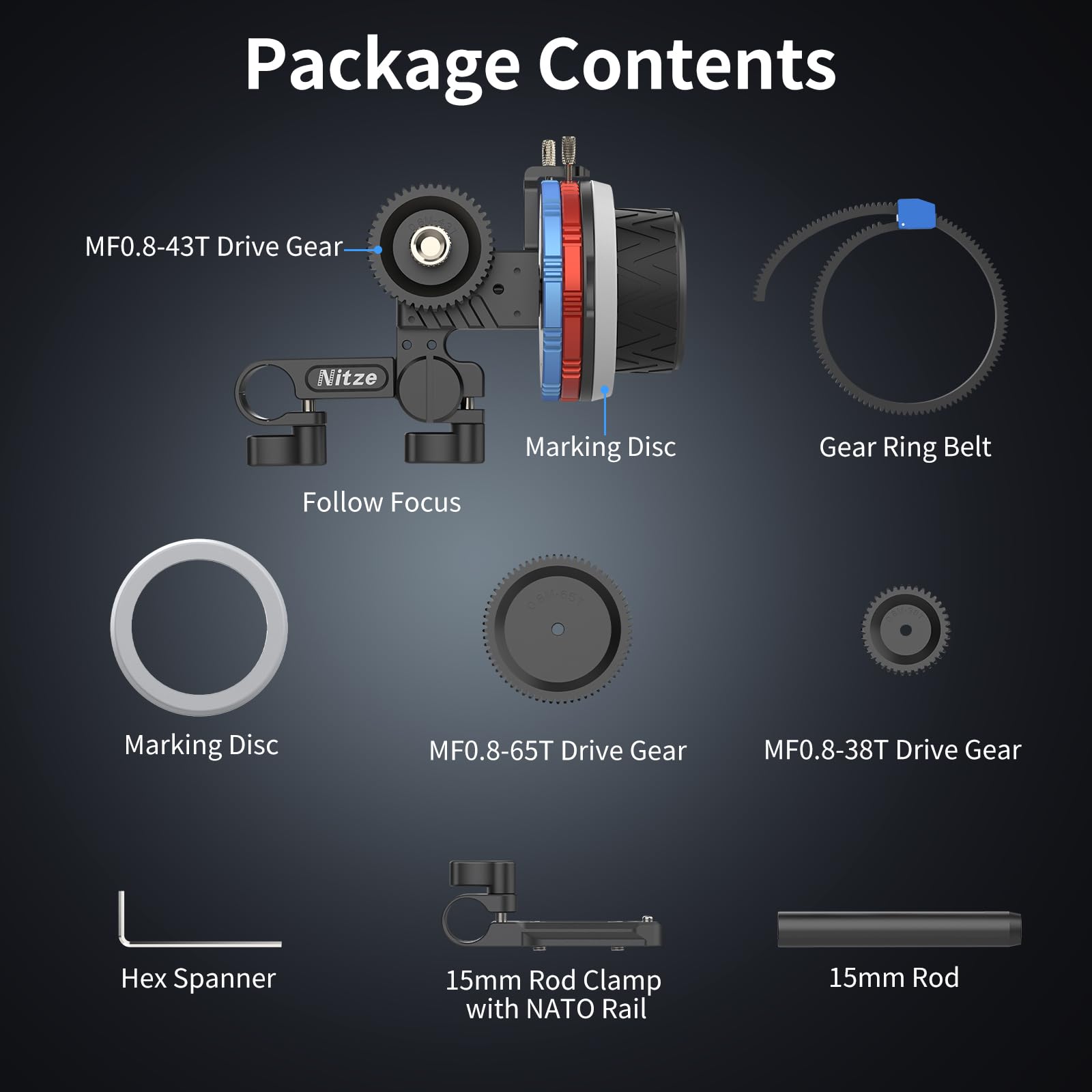 Nitze Mini Follow Focus Kit con 3 Drive Gears, Follow Focus con A/B Stops para DSLR Cámara con Varilla de 15 mm y Abrazadera de Varilla con Riel NATO para Sony A7 A9 FX3 FX30 GH5 S5 Jaula - MF15C