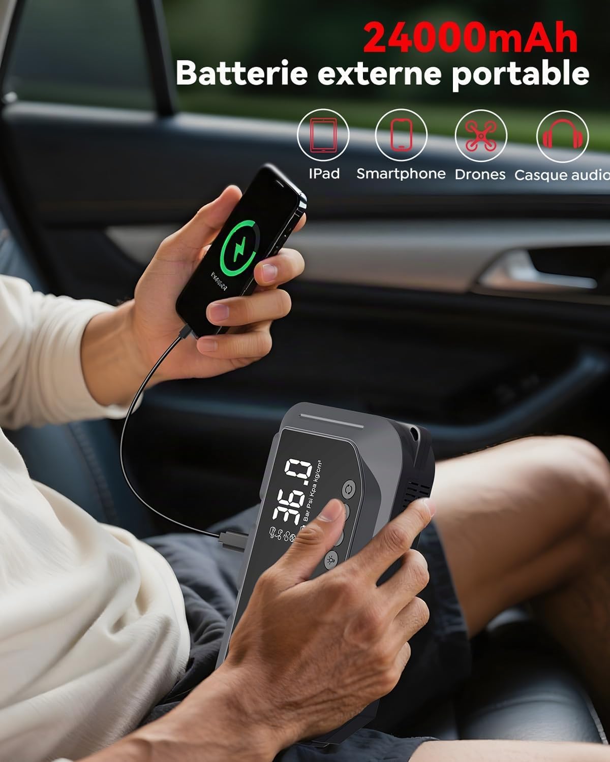 Booster Batterie Voiture avec Compresseur,7000A Démarreur Batterie,12V Démarreur Voiture avec 150PSI Gonfleur de Pneus,Jump Starter avec Powerbank et Chargeur USB (Essence 10L et Diesel 8L)