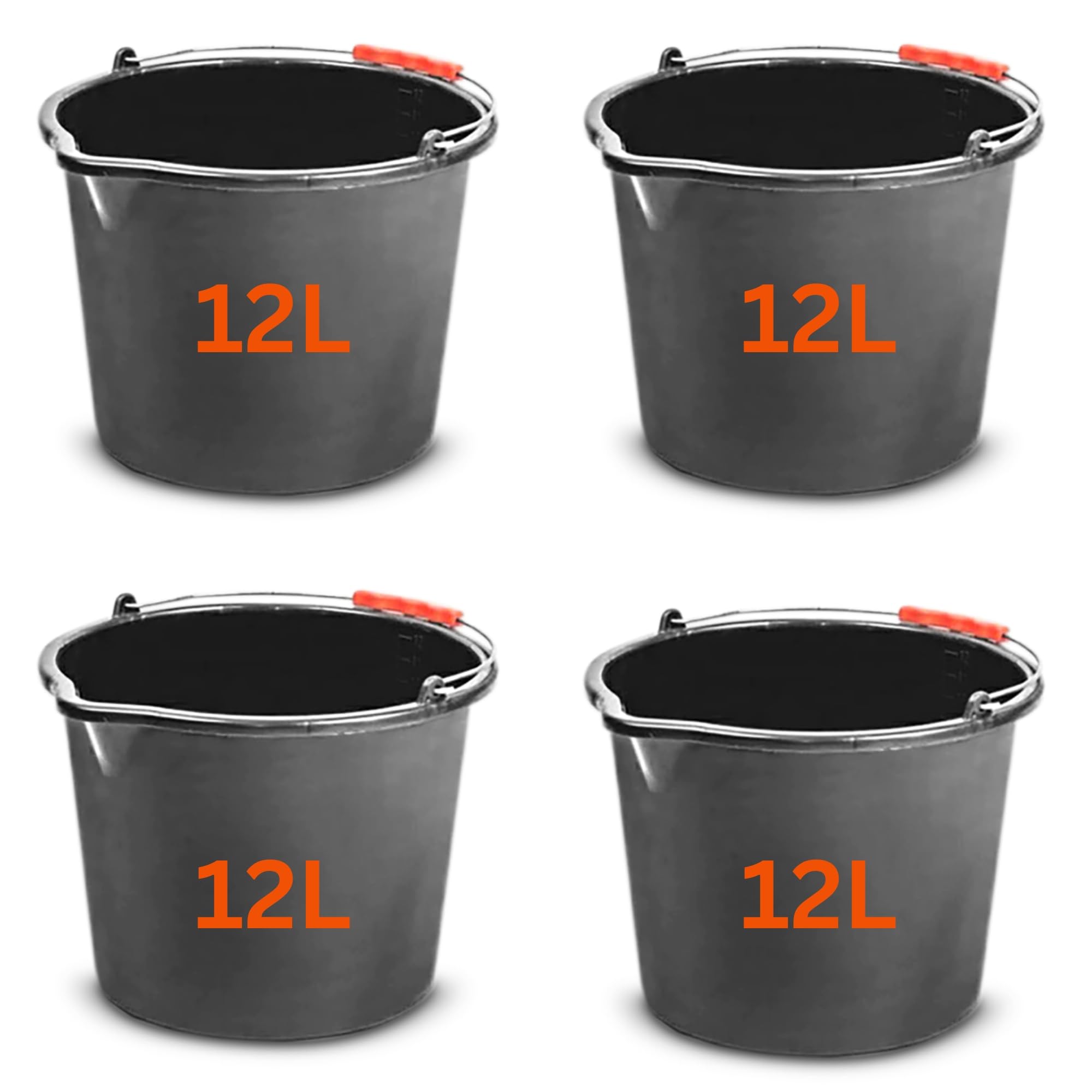 MYPURECORE YOU AT THE CORE Set of 4 12L (3.1 Gallon) Black Plastic Bucket with Handles - Sturdy Water Bucket, Big Measuring Scale Ideal for Builders, Car Washes, Bathroom and Home & Garden. (4)