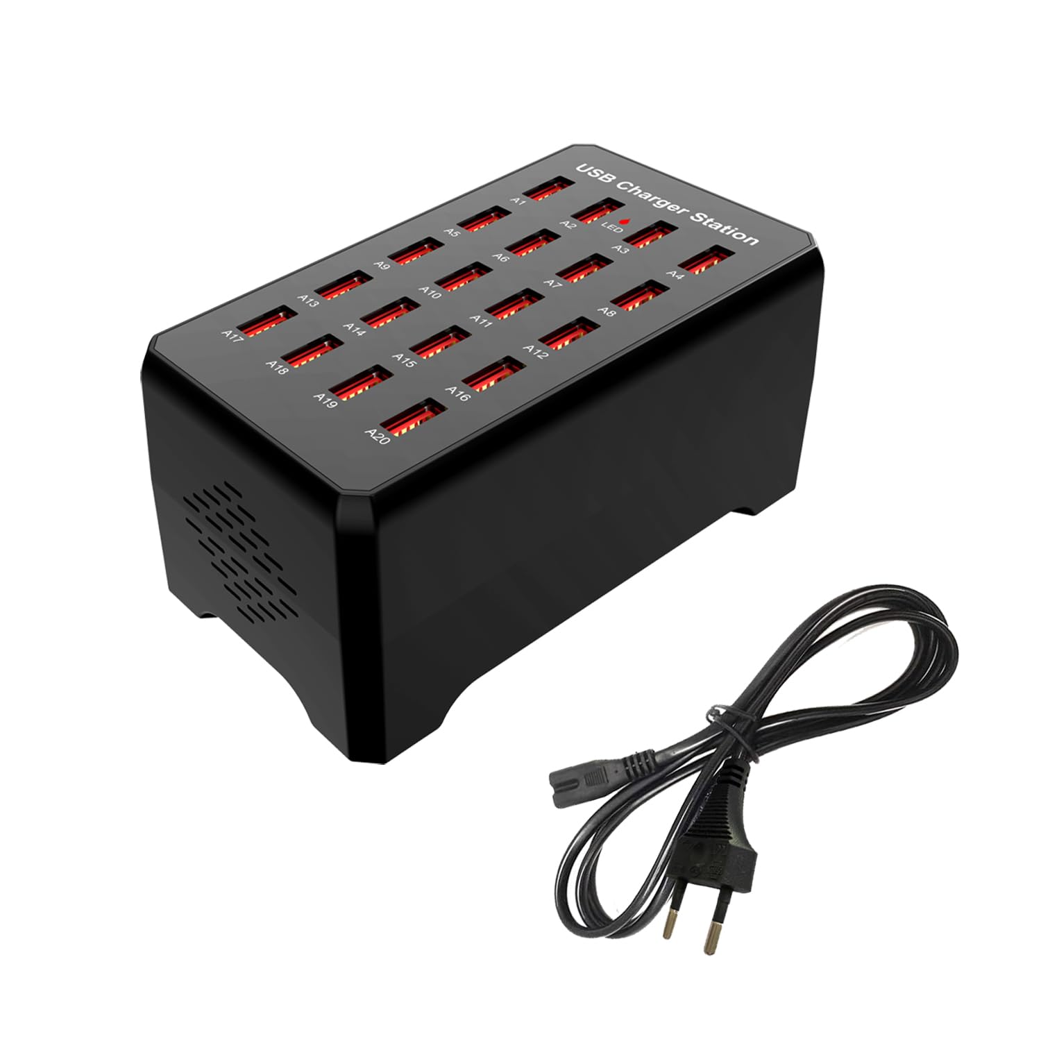 Estación de carga USB, 20 puertos 100 W/20 A, cargador múltiple para smartphones, tabletas y otros dispositivos USB