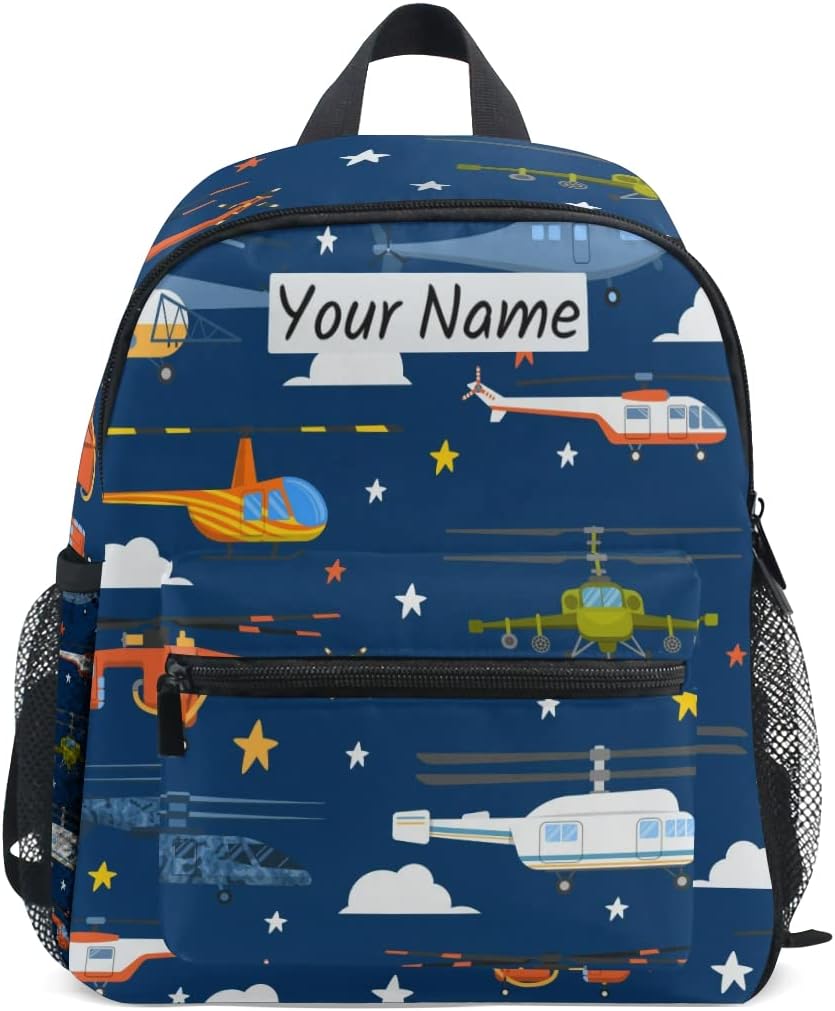 Custom Kid's Name Backpack, Cute Cartoon Helicopter Airplane Toddler Backpack for Daycare Travel, Personalized Name Preschool Bookbags for Boys Girls