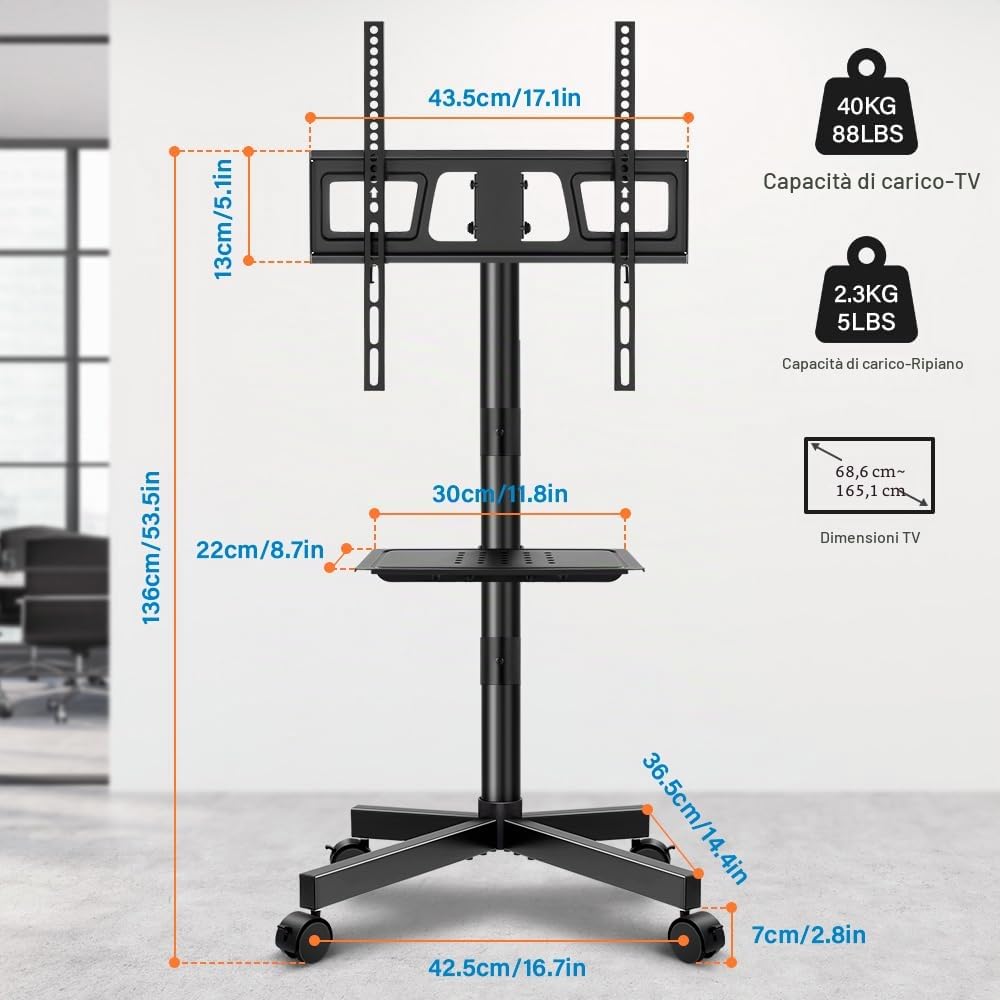 KKTONER Supporto TV Mobile Carrello con Ruote per 23-60 Pollici, Mobile Porta LCD/LED Piatto o Curvo, Altezza Regolabile, VESA Max 400x400mm, Portata 40KG