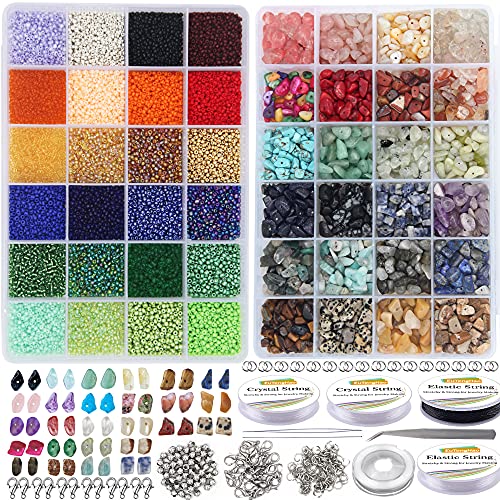 EuTengHao 15723Pcs Natural Gemstone Beads Irregular Chips Stone Beads 2mm Glass Seed Waist Beads Kit with Spacer Beads Jewelry Findings Pliers for Bracelet Necklace Earring Ring Jewelry Making