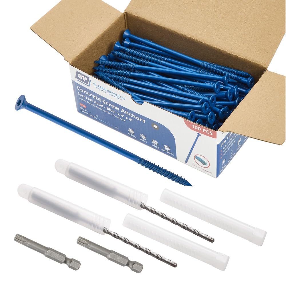 View 1 of 1/4" x 6" Concrete Screws, Blue Flat Head Countersunk Star Drive, 100 Pack w/ 2 Drill Bits, 1 Star Driver Bit & 1 Hex Driver Bit Included - Heavy Duty Masonry Anchor Screws for Concrete, Brick, Block