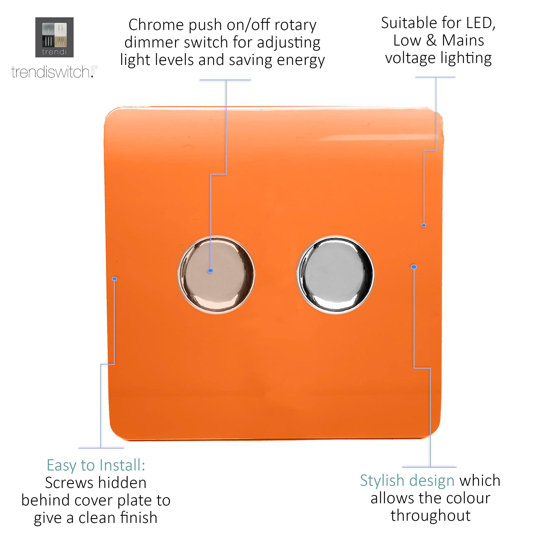 Trendi Artistic Modern Glossy Tactile 2 Gang 2 Way 120w LED Dimmer switch Orange - Image 2