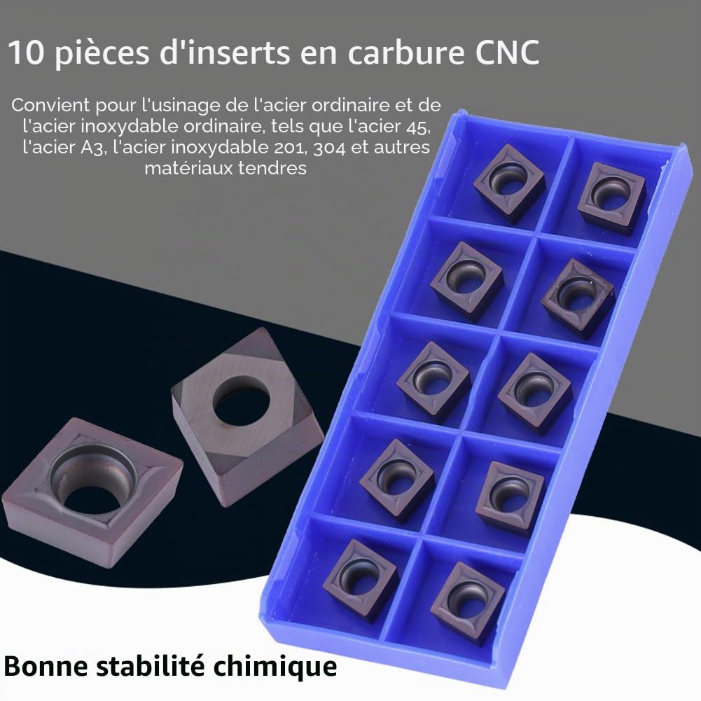 Fraises à plaquette en carbure 10 pièces, pointe en carbure CNC à haute dureté Inserts lame CCMT09T304 VP15TF, avec boîte, pour le traitement de l'acier 45, de l'acier A3, d'autres matériaux