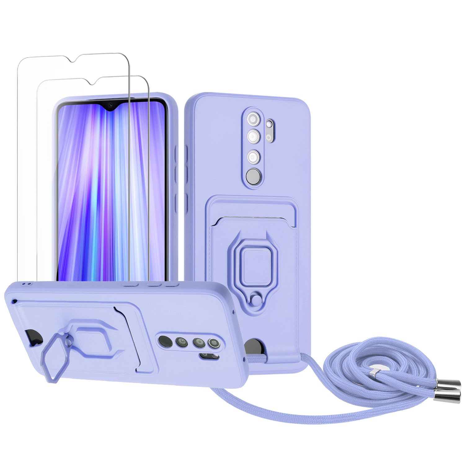 Zallagre Funda con Cuerda Compatible con Redmi Note 13 Pro 5G,[2 Packs Cristal Templado],Ranura para Tarjetas,Cubierta de Cámara Deslizante Proteger,360 Anillo Soporte-Morado — view 106