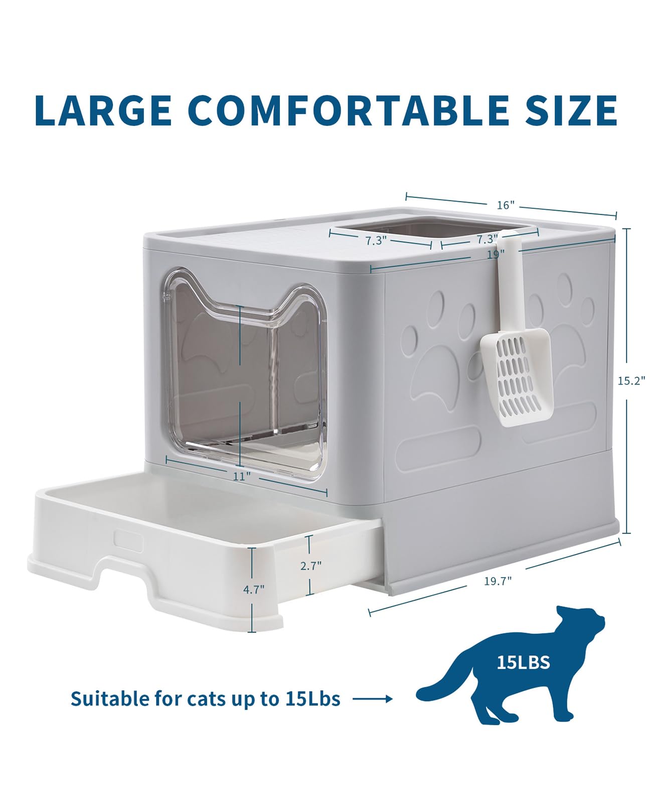 Cat Litter Box with Litter Mat and Scoop, Large Foldable Litter Box with Lid, Front Entry Top Exit Kitty Box, Odor Control, Easy to Clean (Grey)