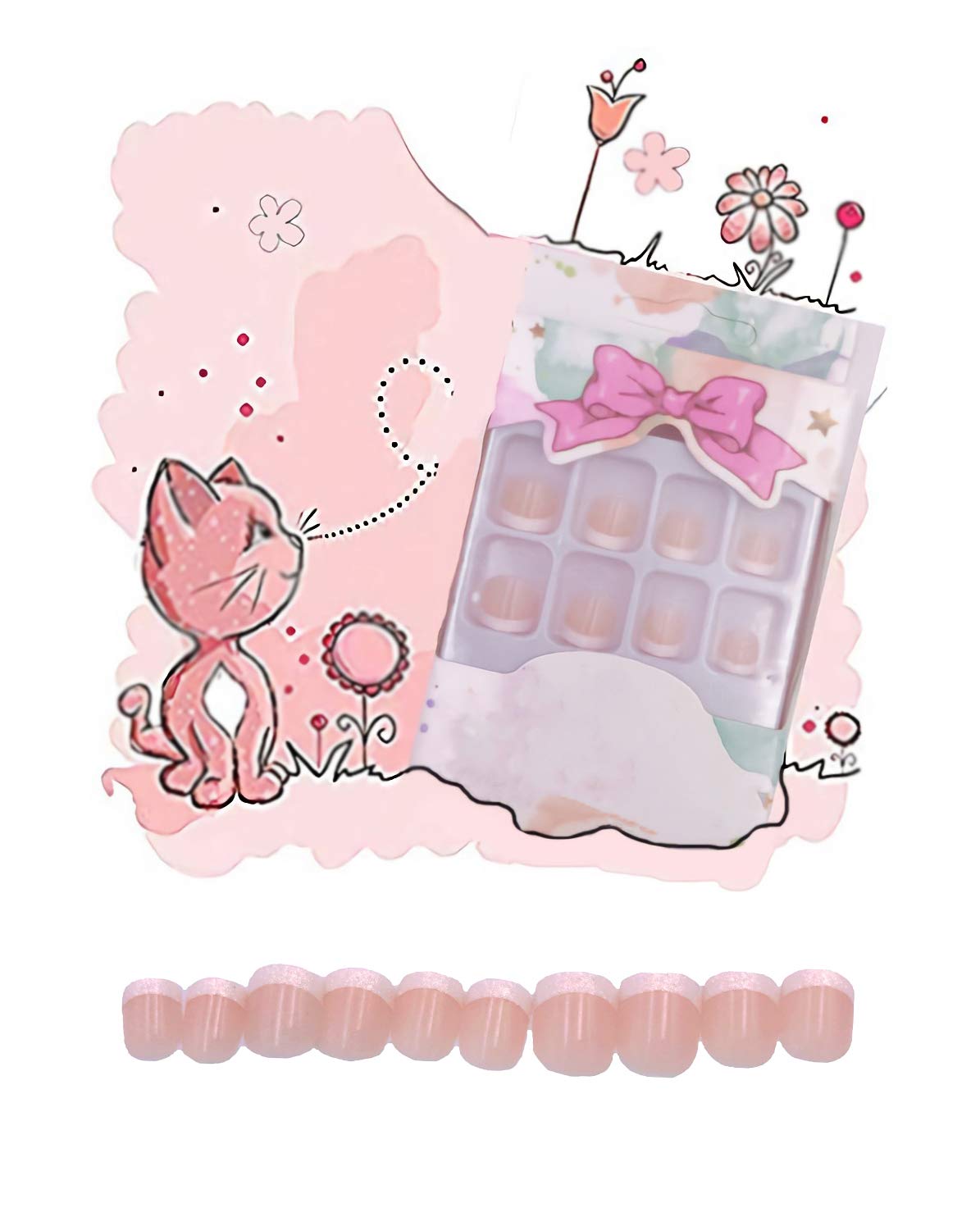 French Fake Nails 24pcs Classic Natural Pre-Glued Short Square Shape with Shiny Edge False Nails for Kids and Teen Girls Full Cover Artificial Nails