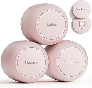 New Travel Toiletry Containers [Ultra Leakproof] TSA-Approved, PLA Hard Shell Jars with 5 Magnetic Labels, Wide Mouth Bottles for Lotion, Cleanser, Shampoo, Conditioner, Pink, 3 Pack, 1OZ