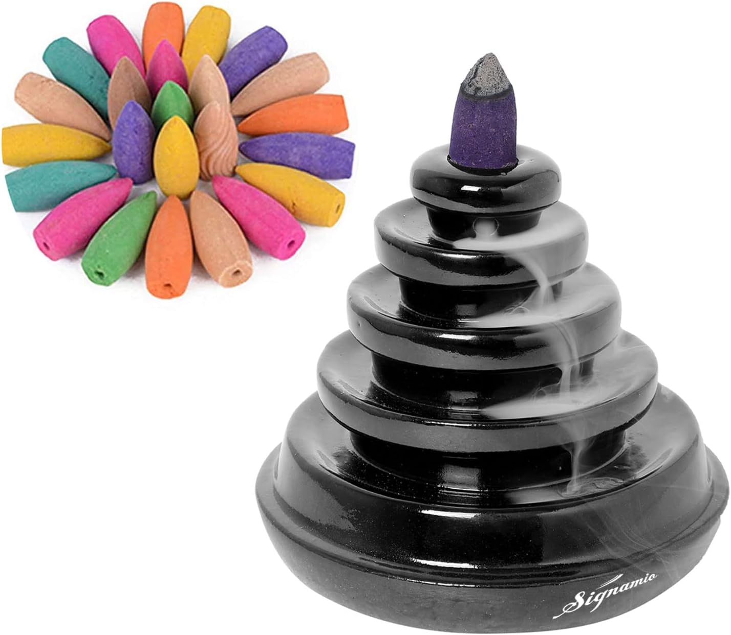 Signamio Ceramic Backflow Incense Fountain - 30 Cones Included for Pooja Meditation, Elegant Backflow Incense Holder, Aesthetic Incense Burner for Decor-DN-16
