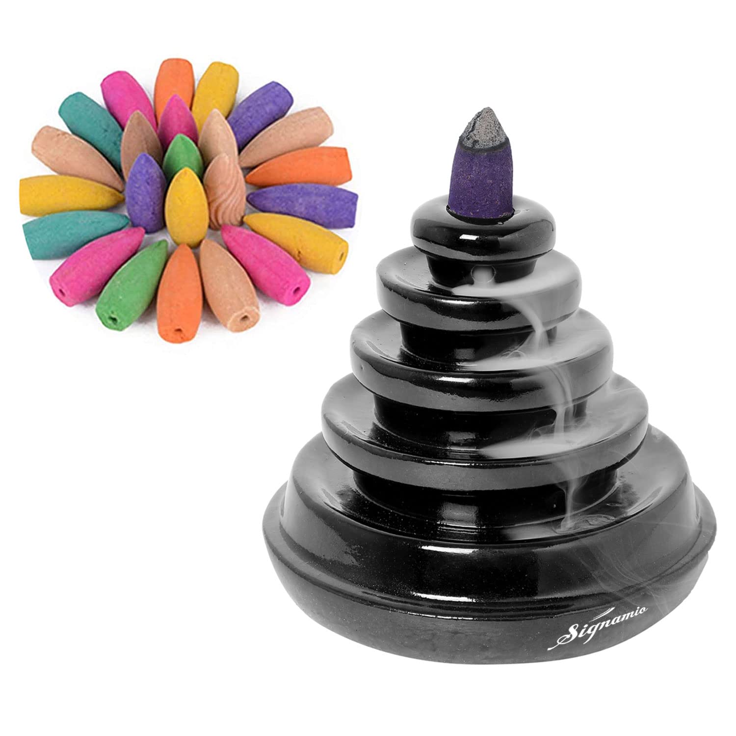 SIGNAMIO Ceramic Back Flow Incense Holder, Incense Burner With 30 Back Flow Incense Cones -1-Pcs/30 Cones -Dn-16, Purple,Conical