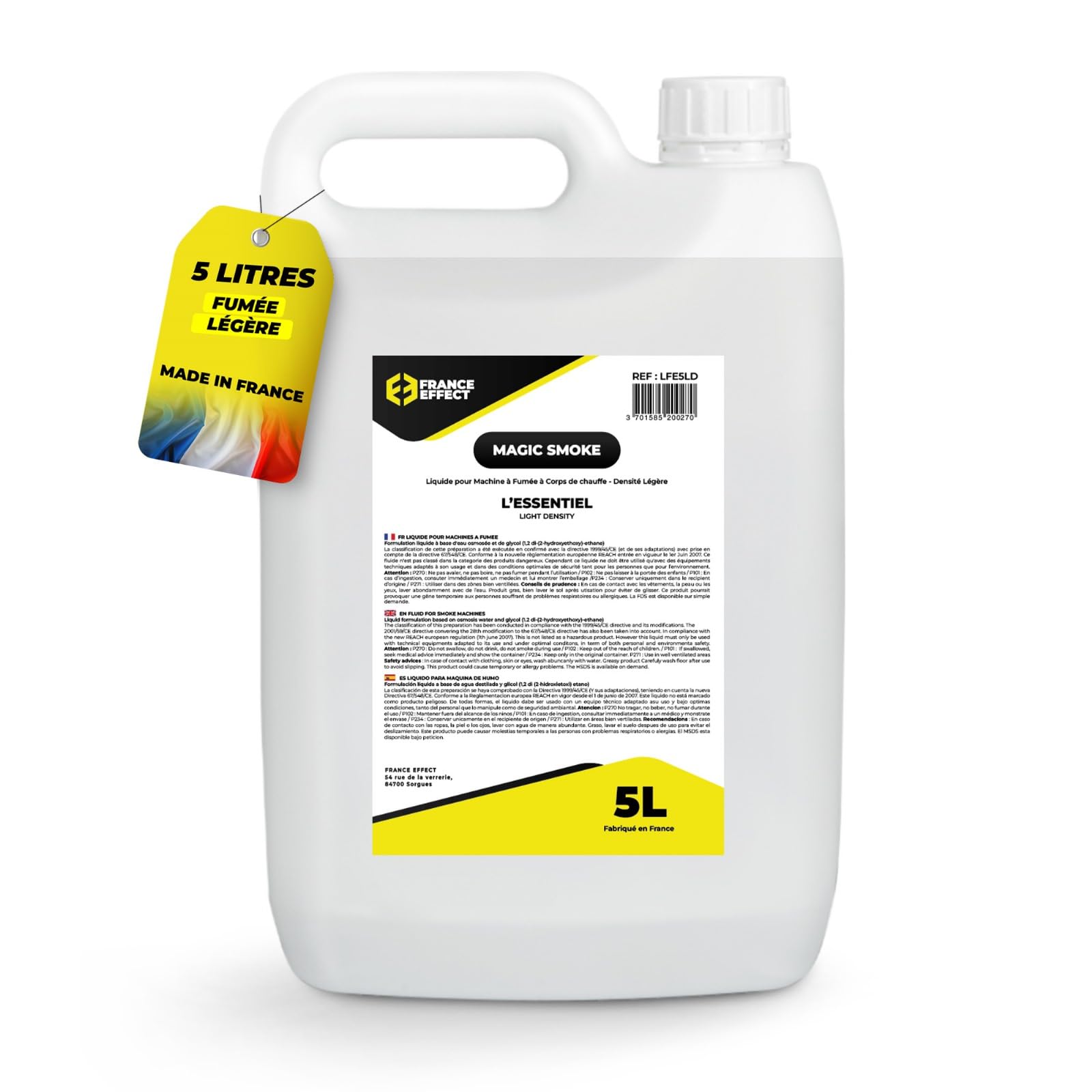 France Effect Liquido per macchina del fumo - L'ESSENZIEL (LIGHT) - Magic Smoke® 5L - Fumo leggero, inodore ed economico. Prodotto in Francia.