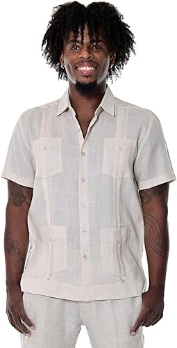 Miniatura 4 de bohio Hombre 100% Lino Guayabera Tradicional 4 Bolsillos wManga Corta LavandaM, Lavanda