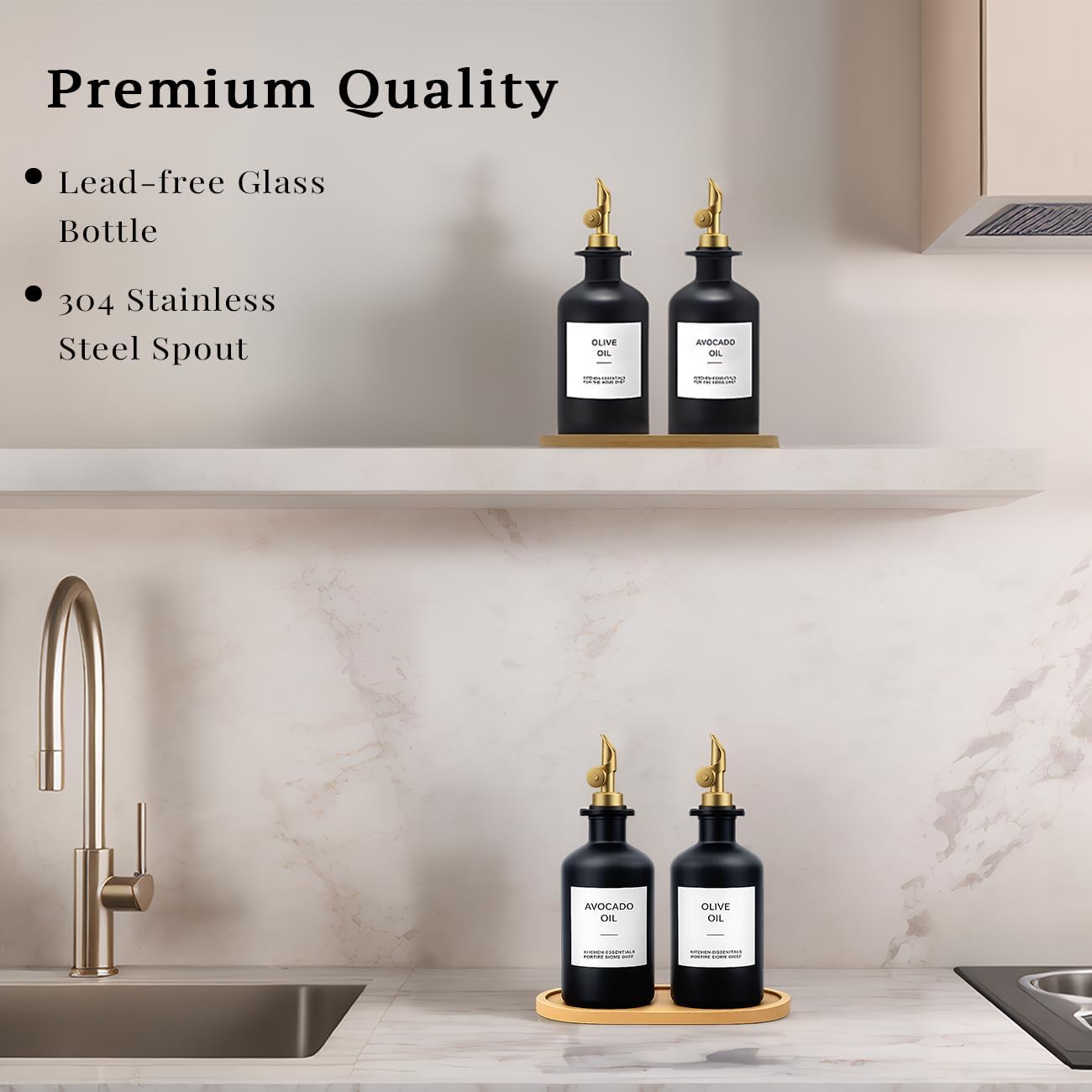 Olive Oil Dispenser Set, 2 x 11.8oz Black Glass Bottles with Auto-Flip Spouts & 2 Capped Spare Spouts, Bamboo Tray, Oil & Vinegar Cruet (Black) image 5