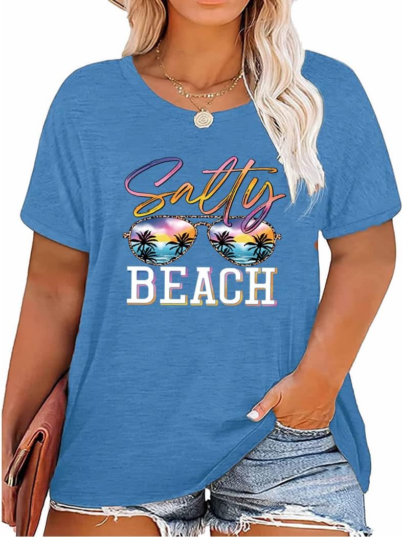 Women's Summer Plus Size Beach Vacation Printed Short Sleeve Round Neck Casual Top