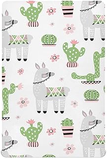 Cactus Alpaca Llama Crib Sheets for Boys Girls Pack and Play Sheets Portable Mini Crib Sheets Fitted Crib Sheet for Standard Crib and Toddler Mattresses Baby Crib Sheets for Girls Boys, 52x28IN