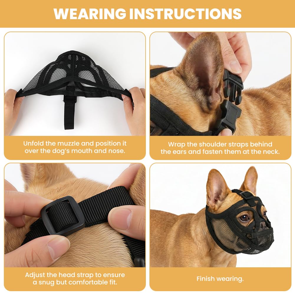 AUAUY Museruola per Cane, Museruola Resistente per Cani, Mascherina in Rete Traspirante, Prevenire i Morsi alla Corteccia, Museruolas per Shih Tzu e Bulldog inglesi, Acqua e Cibo Consentiti (Nero, S)