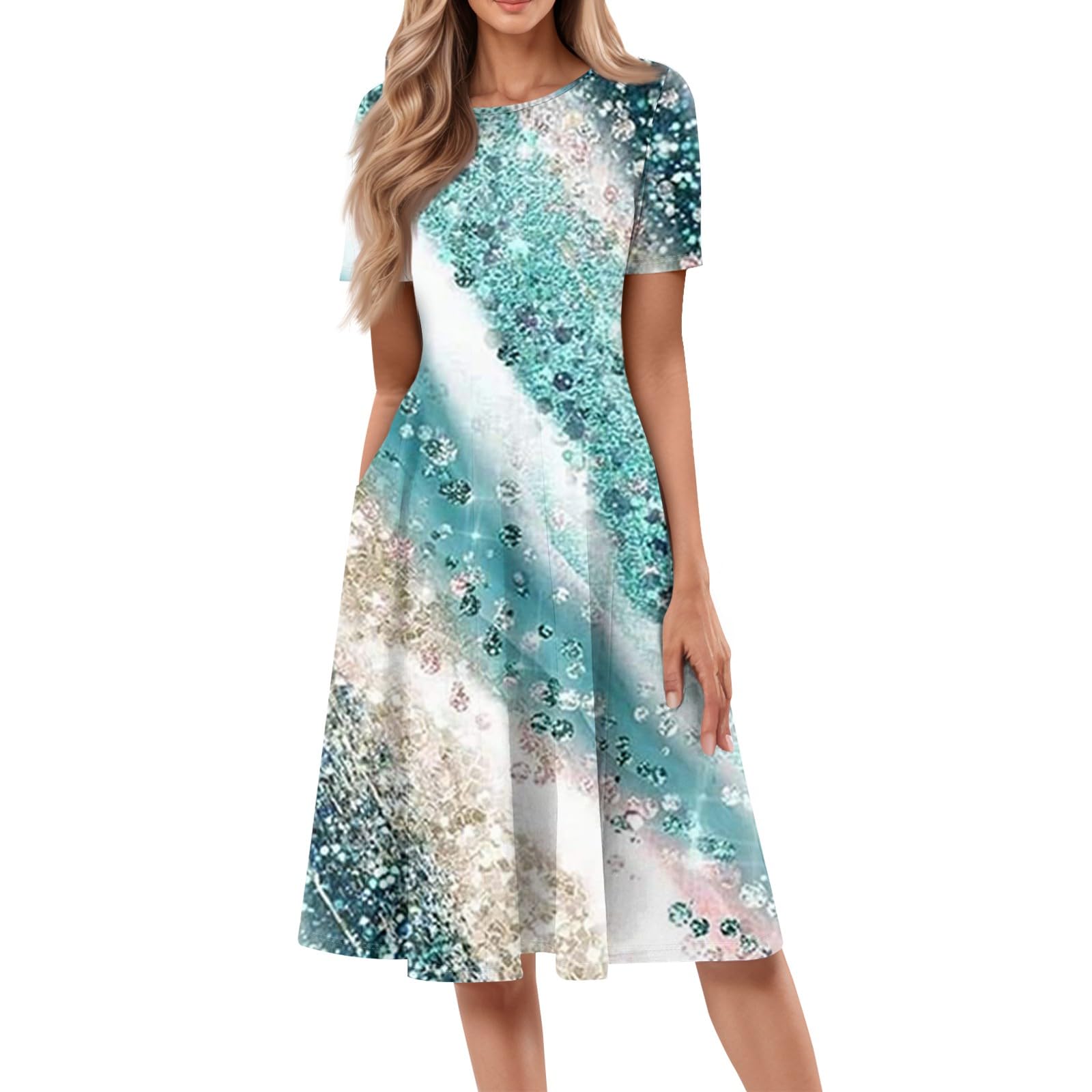 Shirt Dresses for Women Spring Midi Dresses Short Sleeve Dress Crew Neck A Line Elegant Dress with Pocket