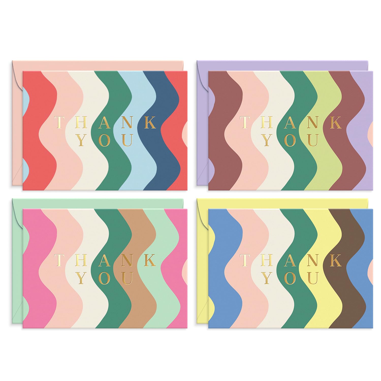 S&O Currents of Color Thank You Cards With Envelopes Bulk – 24 Gold Foil Thank You Notes Cards with Storage Box – 4x5.5” Blank Matte Inside – Colorful Wave Designs for Personal or Business Use
