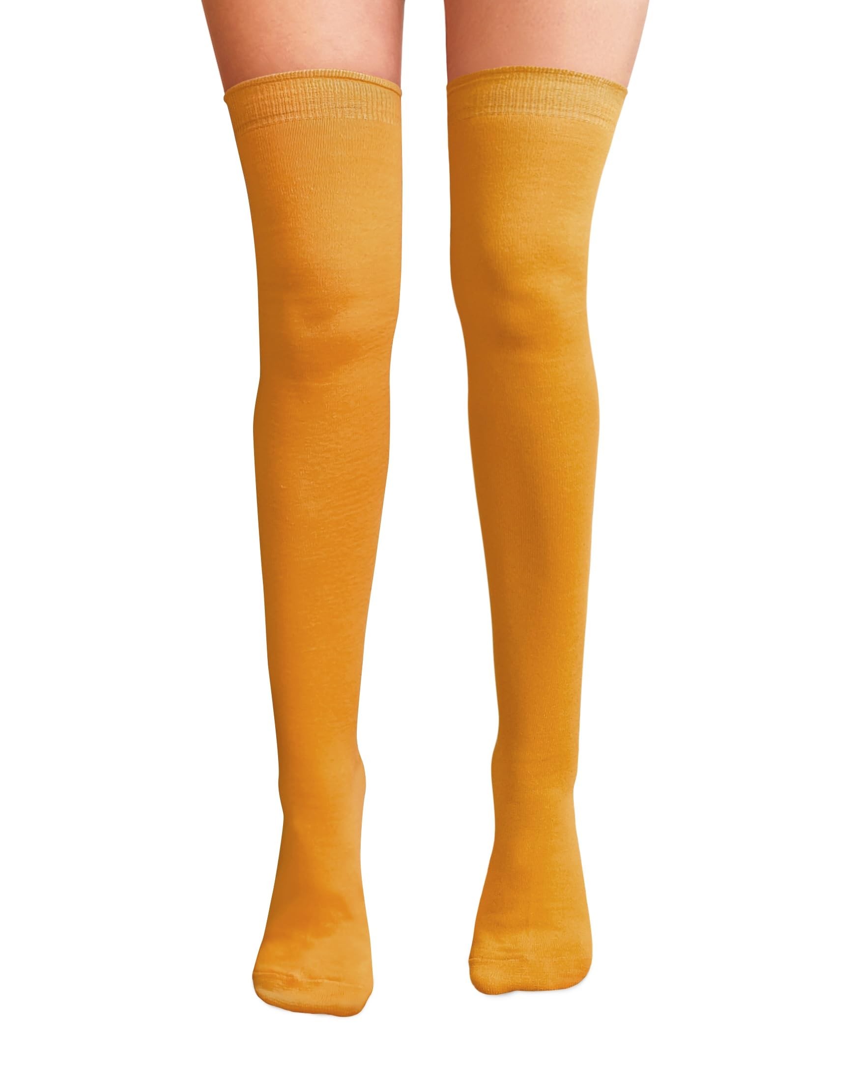 Nujake Girls Mustard Over The Knee Thigh High Socks Plain Cotton Lycra Cosplay School Sox (Mustard)