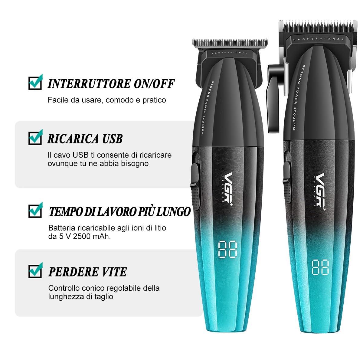 VGR 640 S2 Tagliacapelli Professionale Per Uomo, Set Di Tagliacapelli E Trimmer Senza Fili, Zero Gap T-Blade, Lama In Ceramica DLC, Kit Barbiere Di Alta Qualità Con Display LED (Verde)
