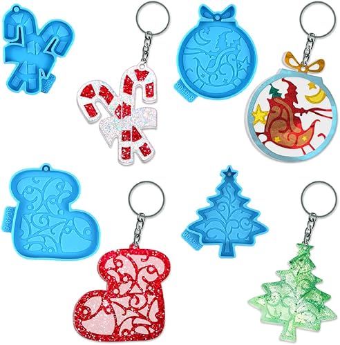 ALIBBON 4 moldes de resina de silicona de Navidad, adorno de Navidad, campana de árbol de Navidad, calcetines de Navidad, moldes de llavero de
