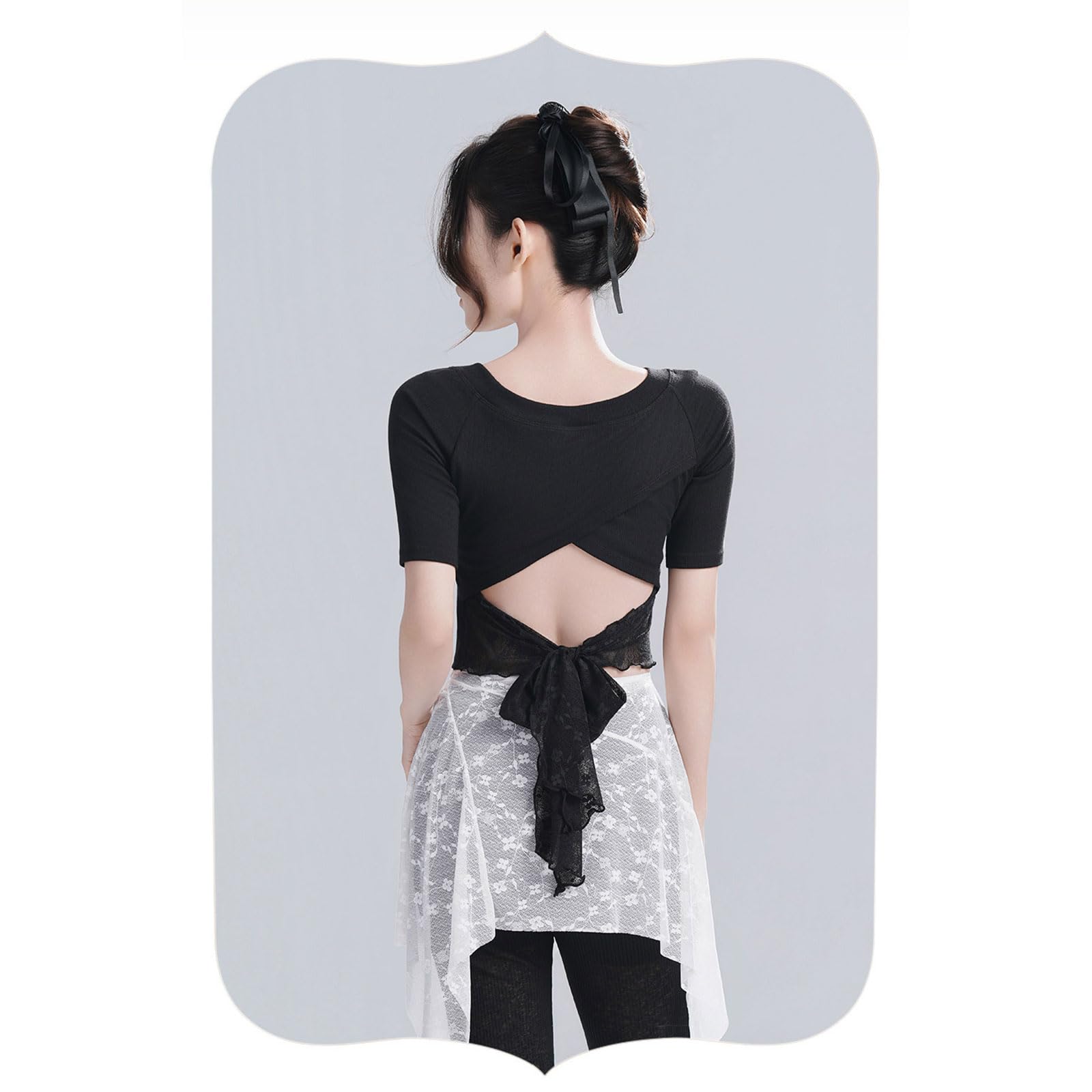 Blusa elástica de manga corta con encaje de mariposa para ballet moderna y clásica, para entrenamiento de mujer