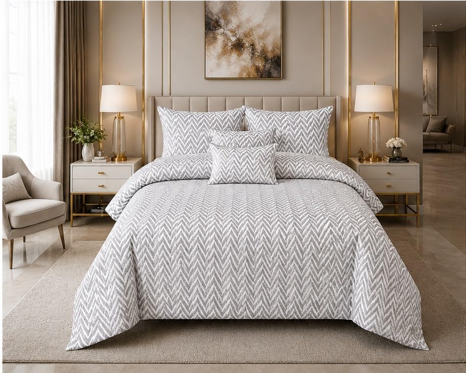 Image of 210 TC Glace Cotton Soft Cotton Zig Zag Design Flat Queen Size 90x90 inches Bedsheet Set - Lightweight & Durable 1 Bed Sheet with 2 Pillowcase 17x27 inches Grey