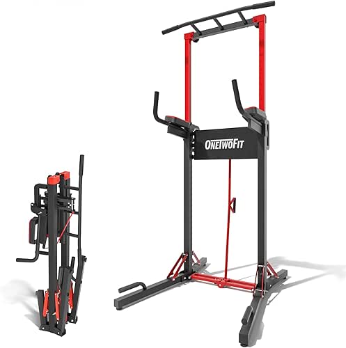 ONETWOFIT Foldable Power Tower Pull Up Bar Station, Multi-Function Adjustable